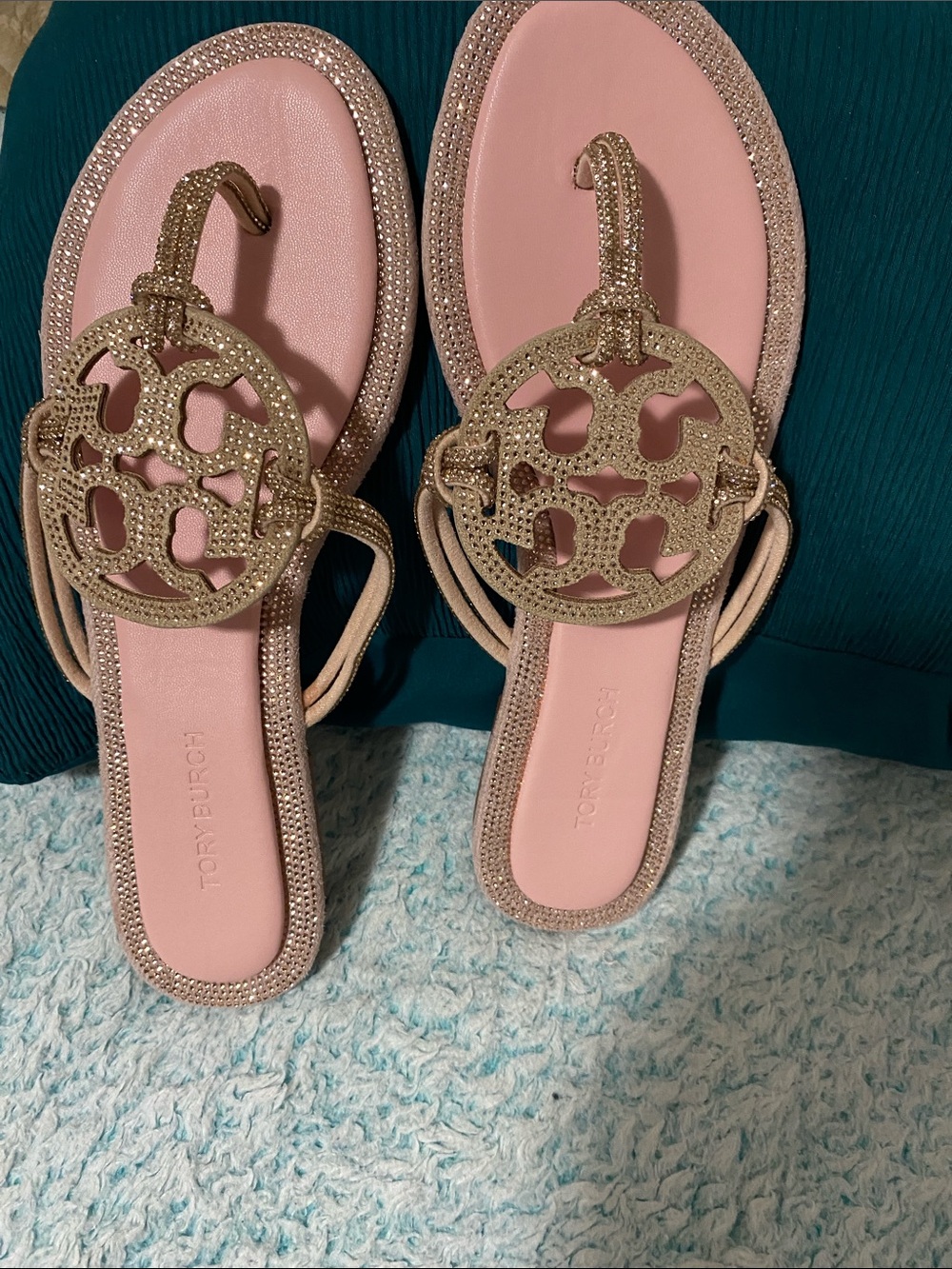 Tory Burch Pink Sandals with Gold Logo Medallion